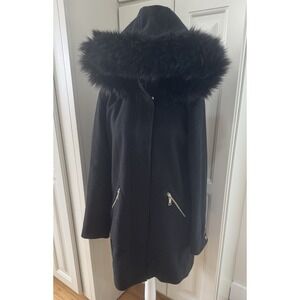 Vince Camuto Womens Black Wool Blend Coat Faux Fur Hooded Zip Pockets Size M